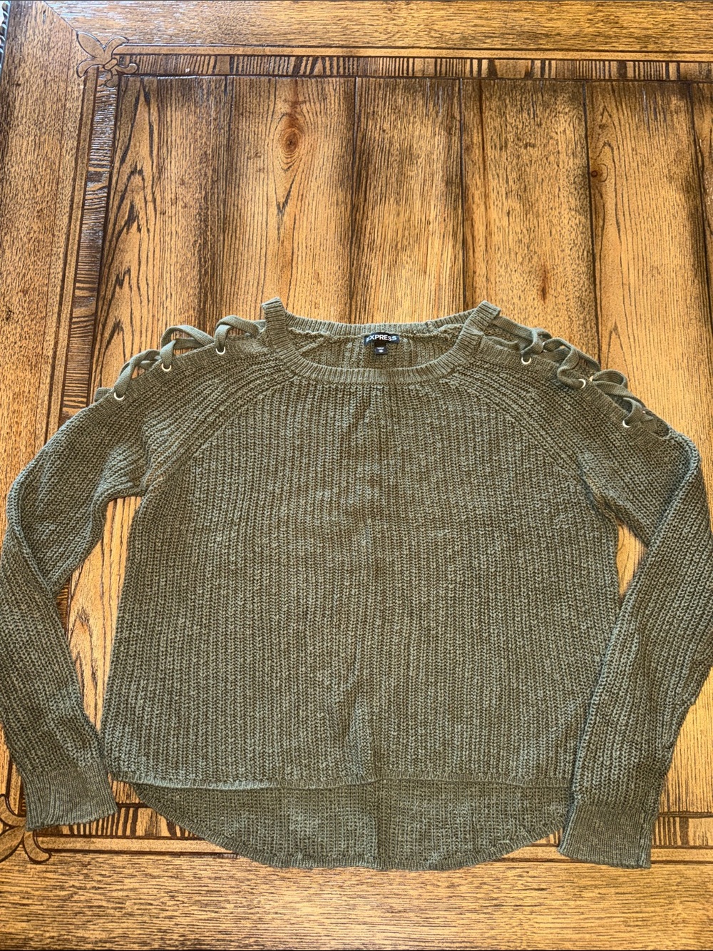 Express Olive Crewneck Sweater with Lace-Up Shoulder Detail